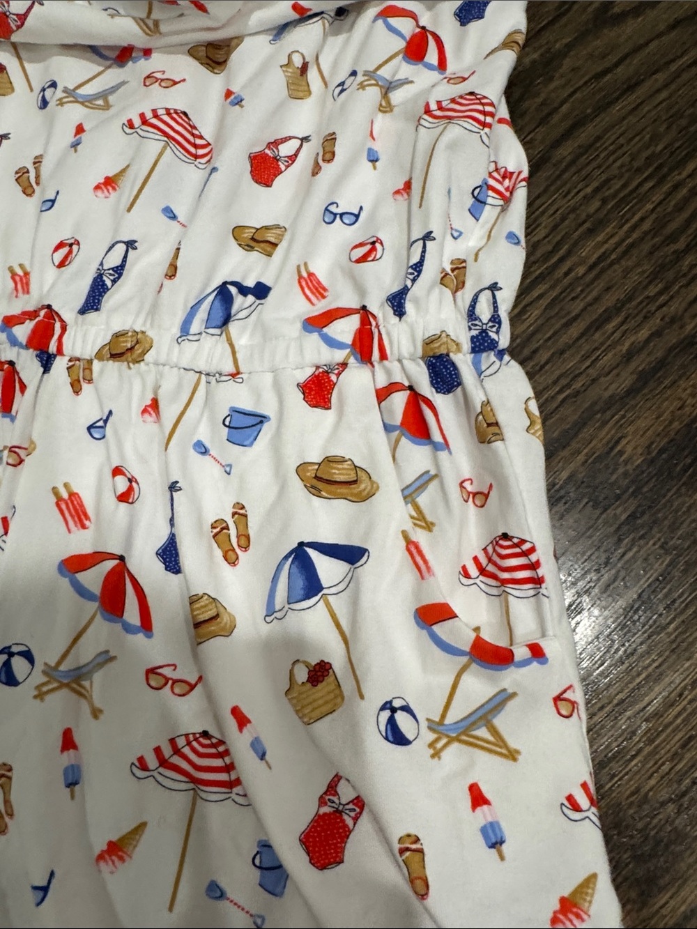 Girls Beach Print Ruffled Strap Romper - white, Red & Blue - Picture 3 of 4